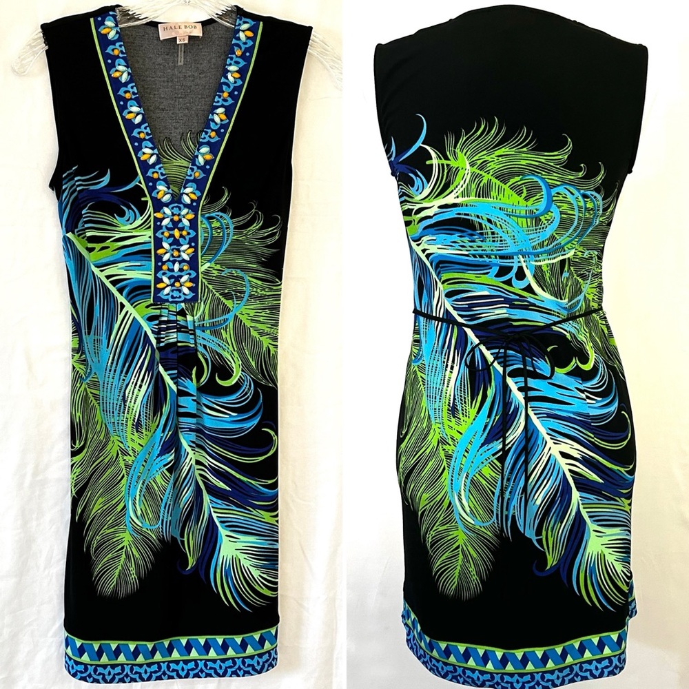 Hale Bob Sleeveless Blue Teal Green Feather Pattern V-neck Tie at Waist Dress XS